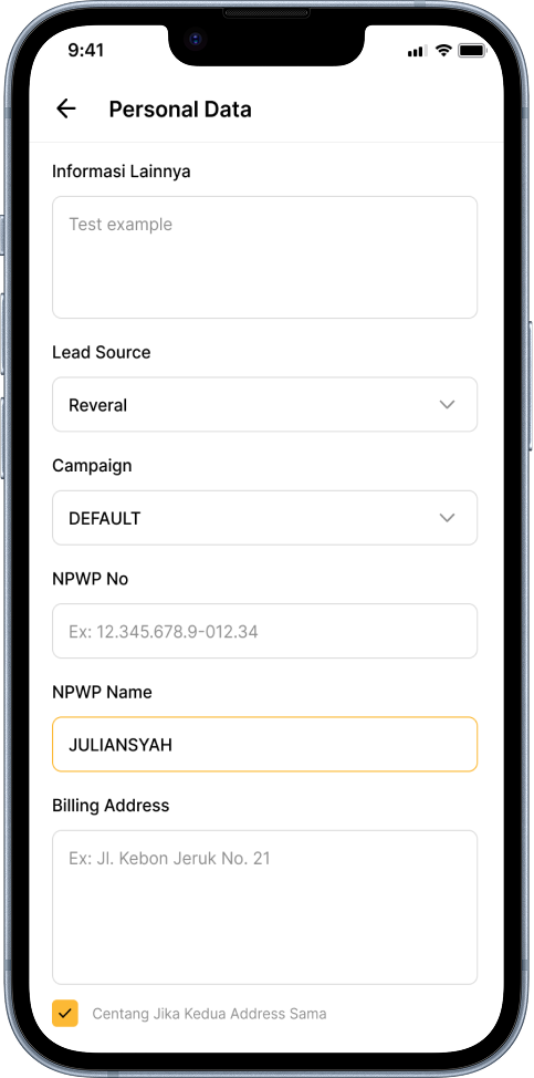 SALLY Personal Data form capturing lead source, campaign, NPWP number and name, and billing address